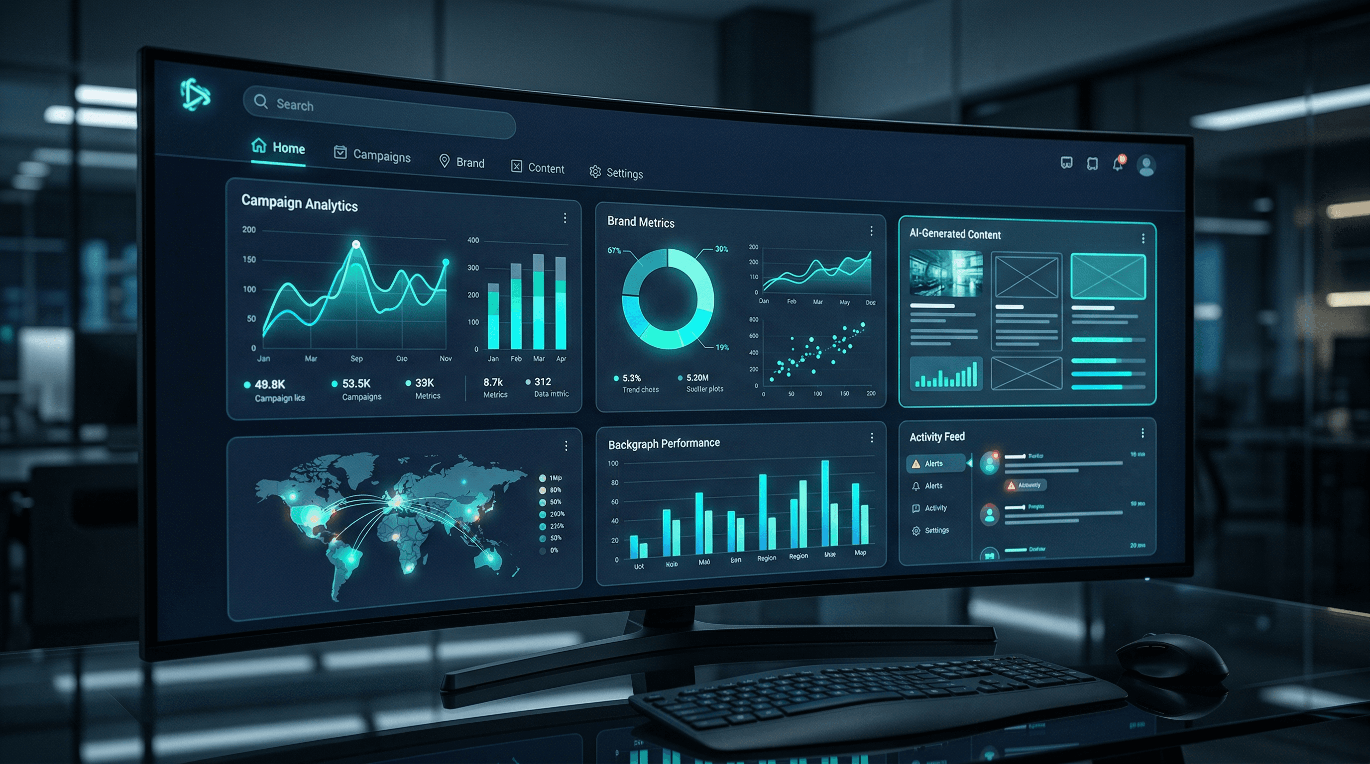 Pharma marketing AI dashboard — campaign analytics, brand metrics, and AI-generated content