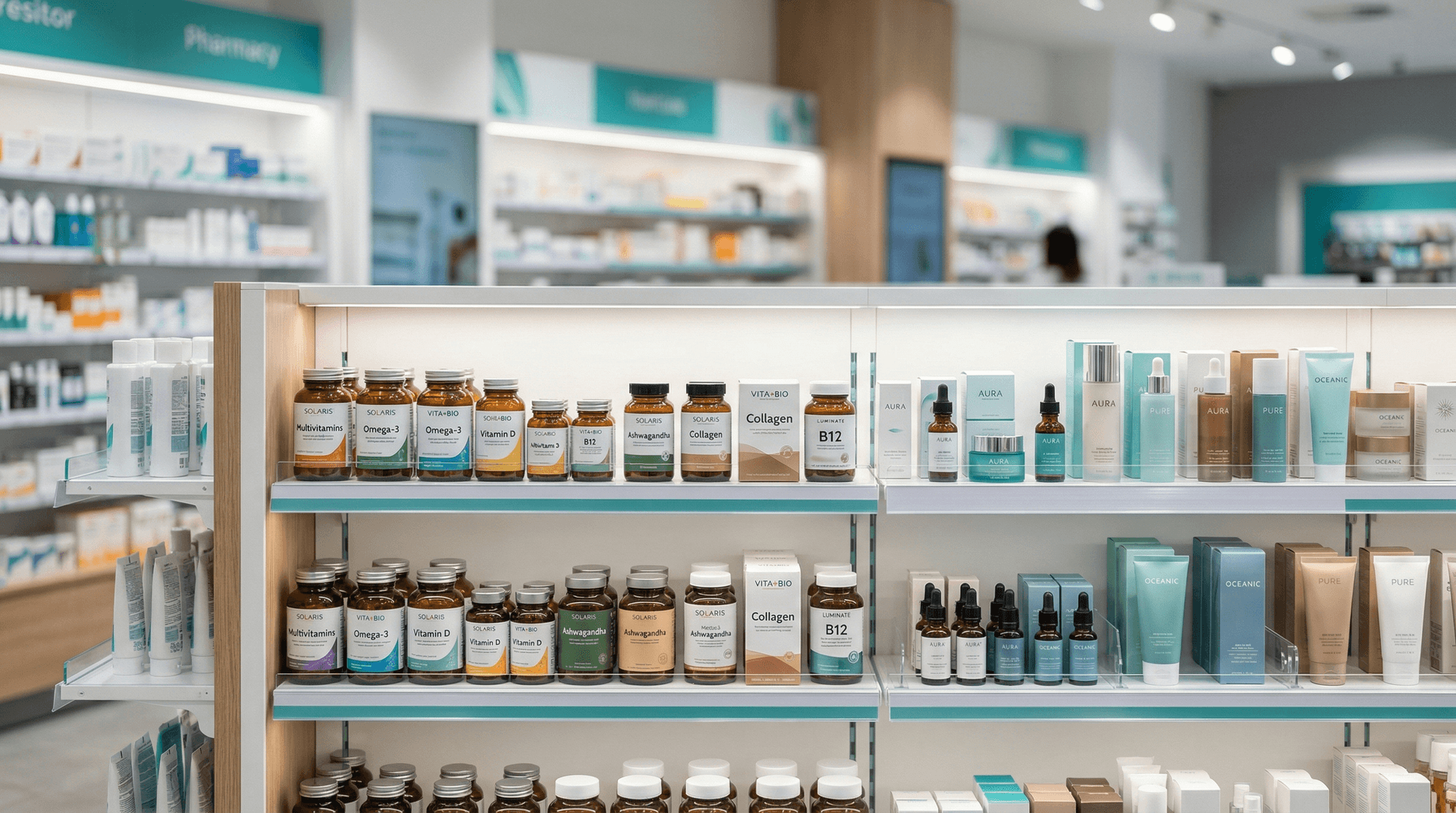 Consumer healthcare products on pharmacy shelf showing merchandising strategy