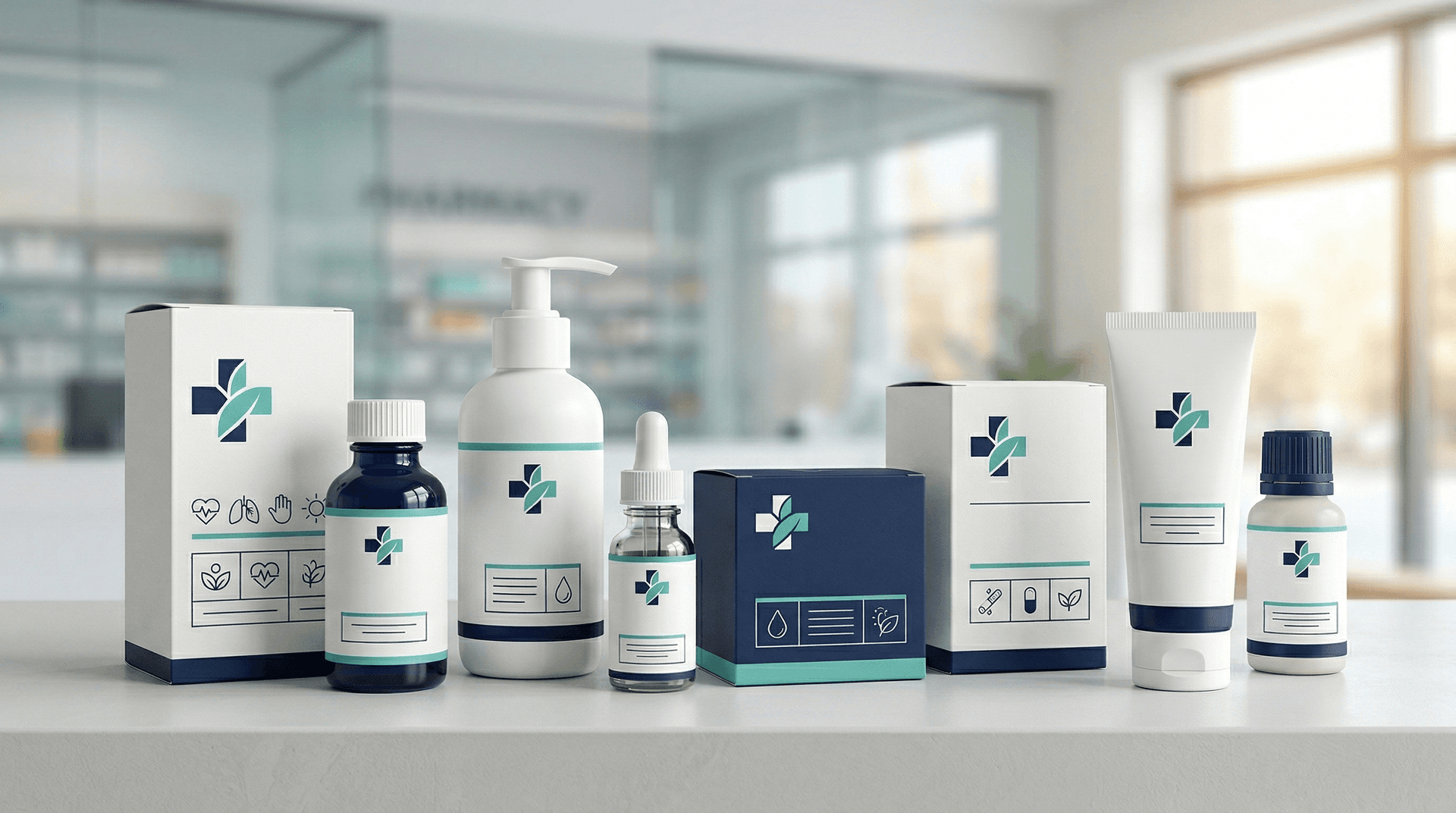 Pharmacy shelf showing branded versus private label healthcare products