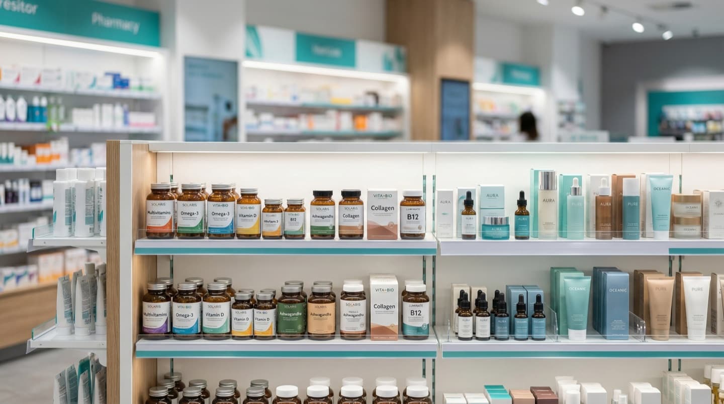 Vitamins and supplement bottles arranged on a pharmacy shelf representing VMS marketing in the GCC